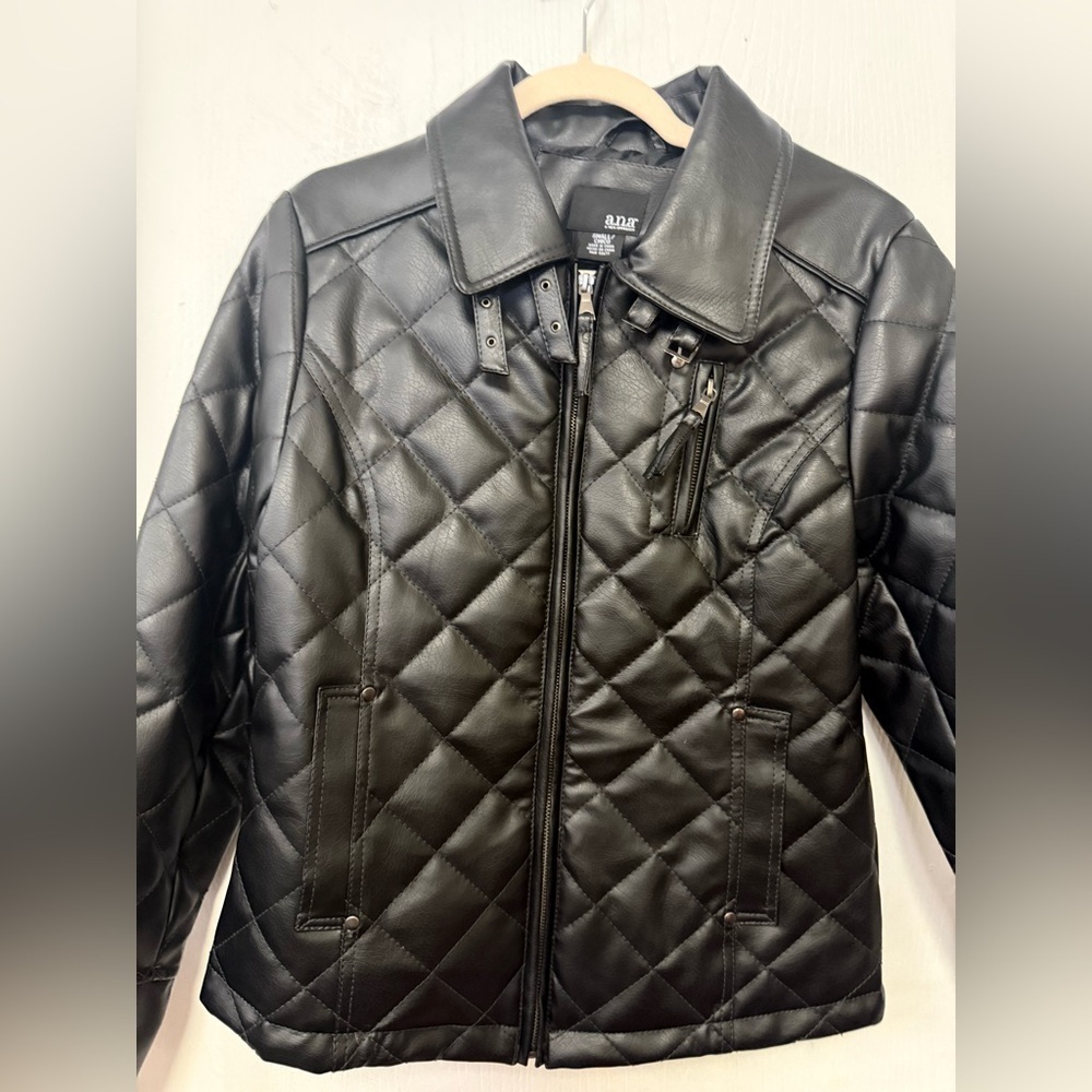 A.N.A Quilted Black Faux Leather Moto Jacket Zip Up Women’s Capsule Office Small - Picture 5 of 9